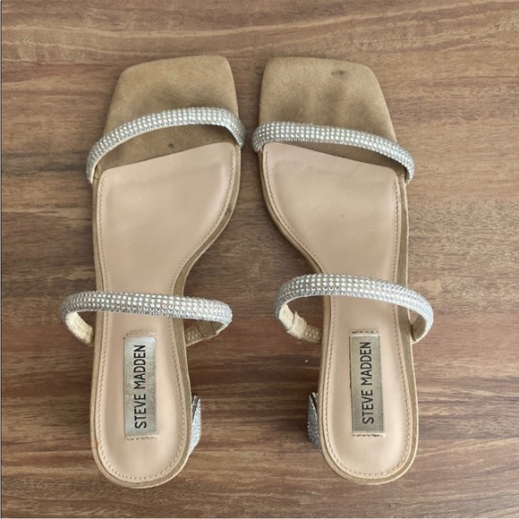 Steve Madden Tan/Nude + Silver Rhinestone Glam Block Heels - Picture 4 of 6
